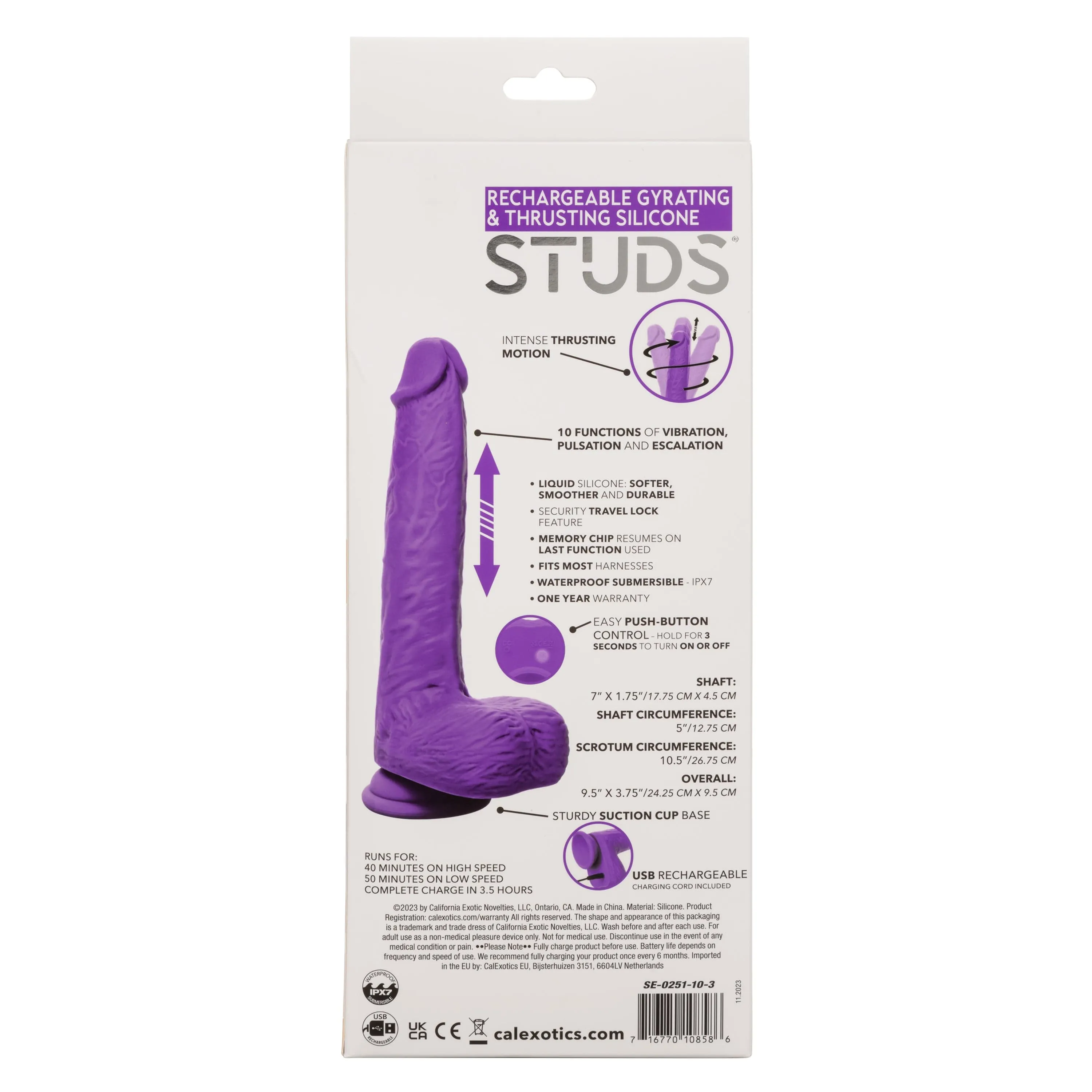 California Exotics - Rechargeable Gyrating and Thrusting Silicone Studs Realistic Dildo with Balls 9.5" (Purple)