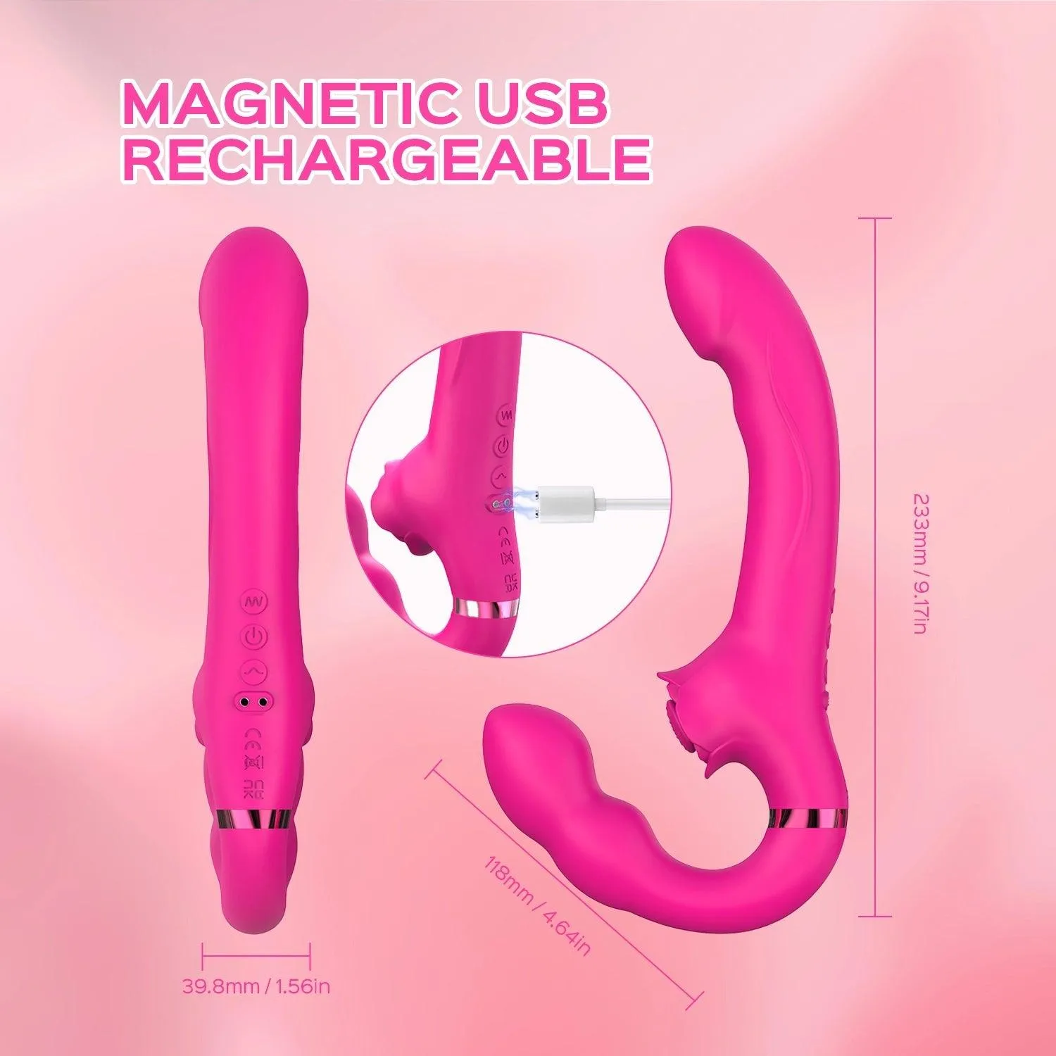 Double-Ended Strap-On Dildo Clit Tapping & Vibrating Strapless Vibrator for Lesbian Couple