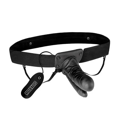 Lux Fetish - Unisex Vibrating Hollow Double Penetration Strap On Dildo (Black)