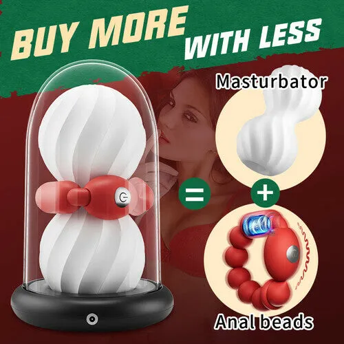 Male Xmas Gift Heating Masturbator with Vibrating Anal Beads 2 IN 1 Masturbation Cup