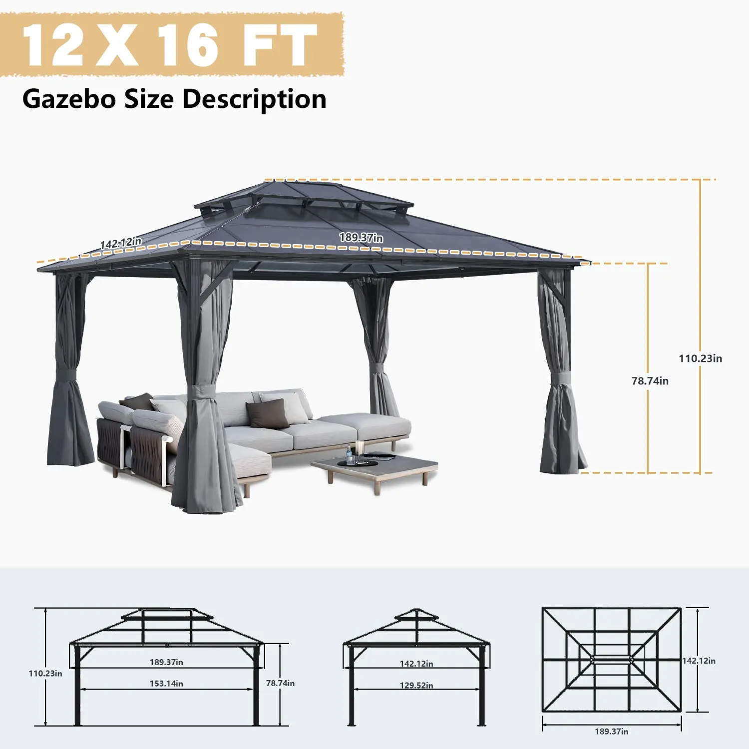 Streamdale 12x16 Hardtop Gazebo, Double Roof, Netting & Curtains
