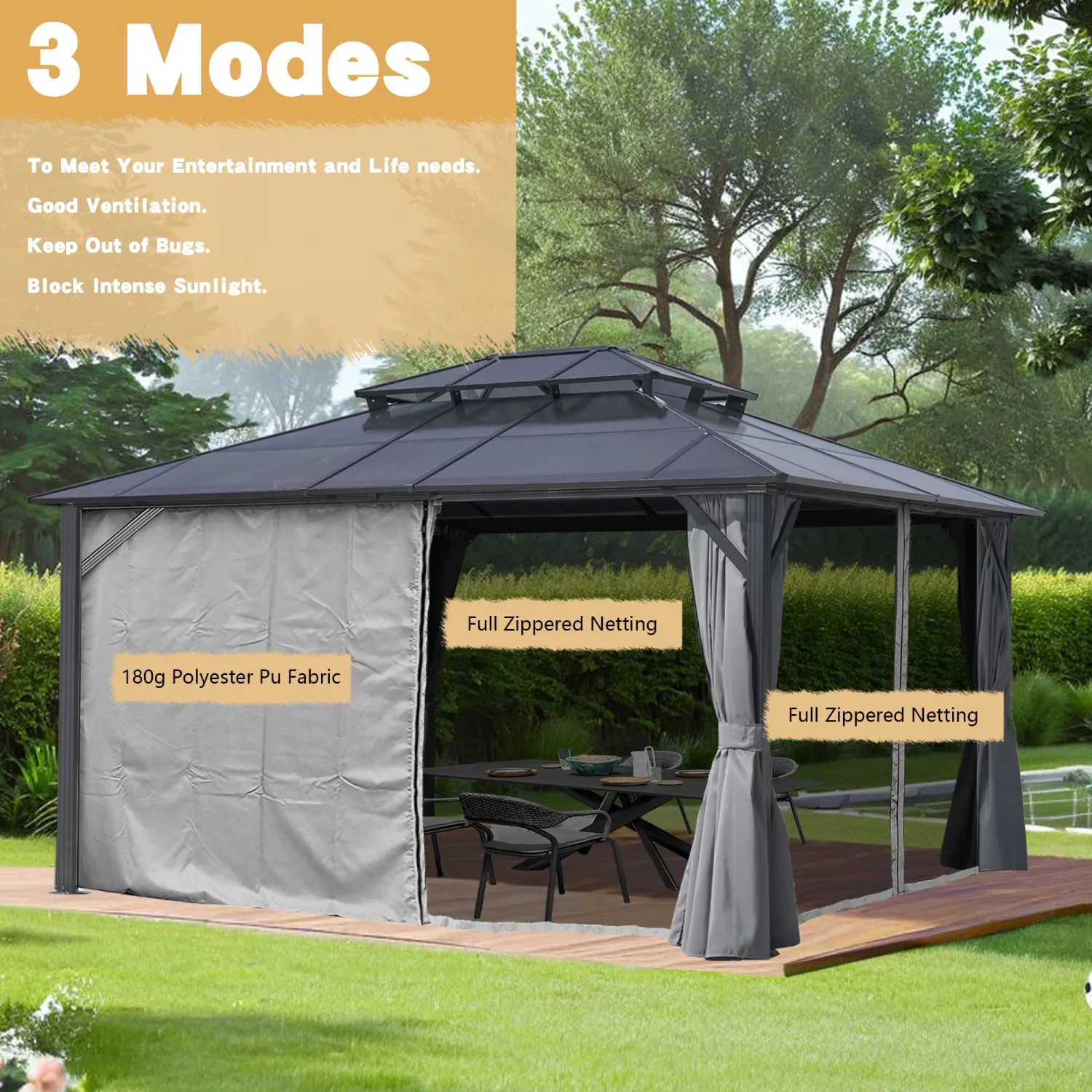 Streamdale 12x16 Hardtop Gazebo, Double Roof, Netting & Curtains