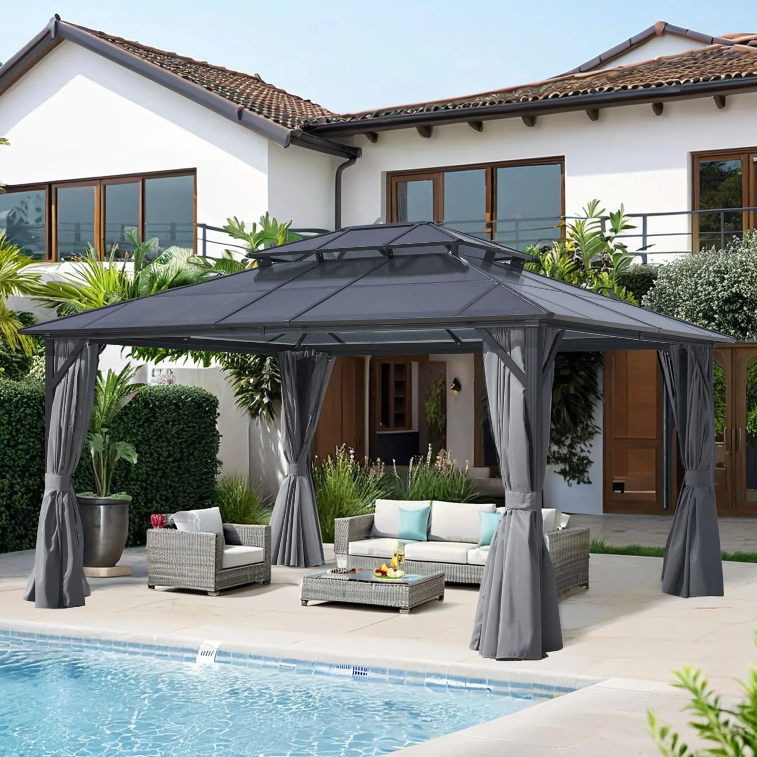 Streamdale 12x16 Hardtop Gazebo, Double Roof, Netting & Curtains