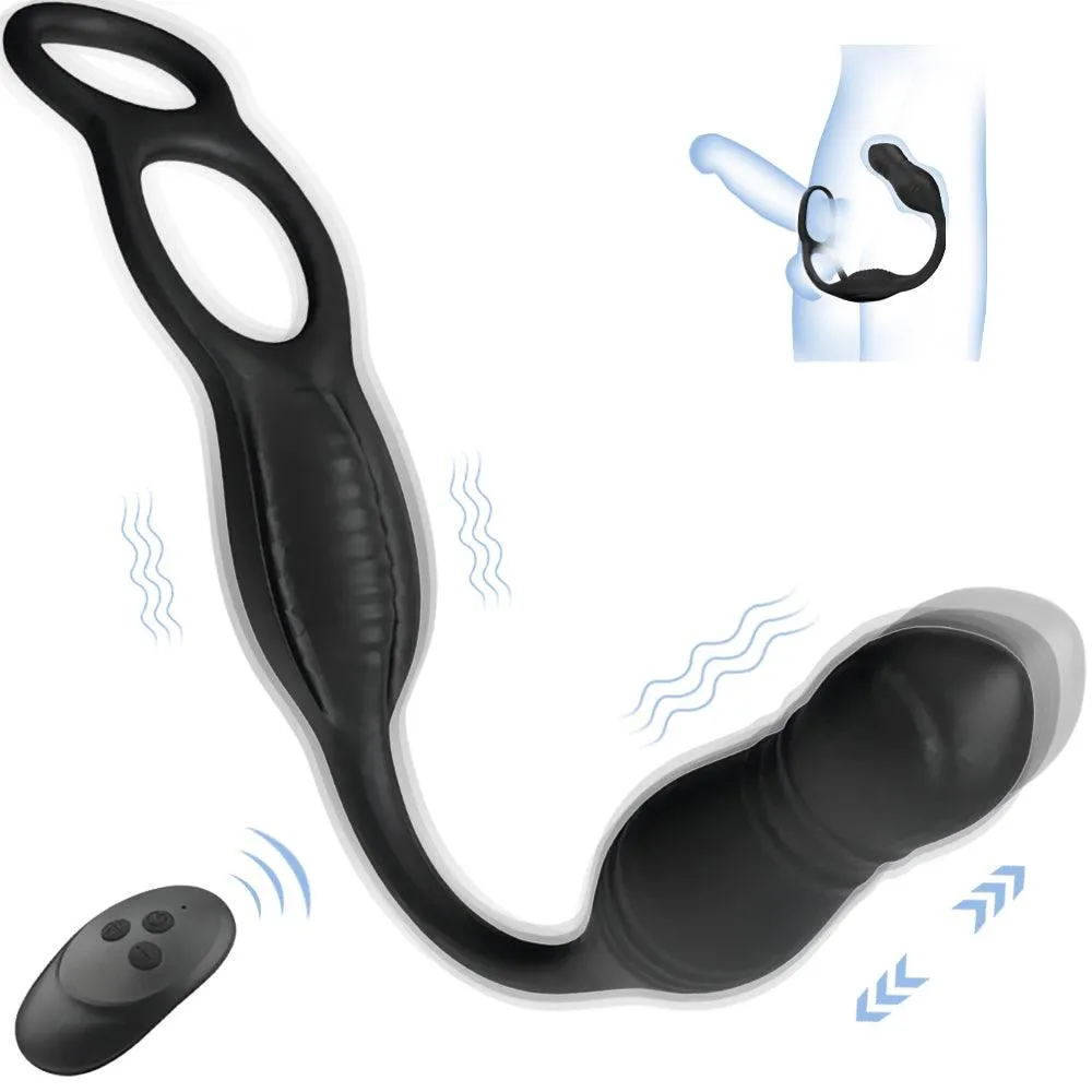 【US Stock Available Only】3 Thrusting & 10 Vibration Modes Prostate Massager with 2 Penis Rings Remote Control Anal Vibrator