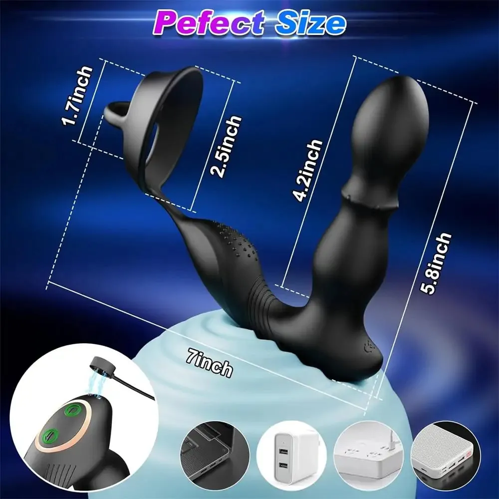 Vibrating & Rolling Anal Plug Vibrator with Cock Ring 4.2 Inch
