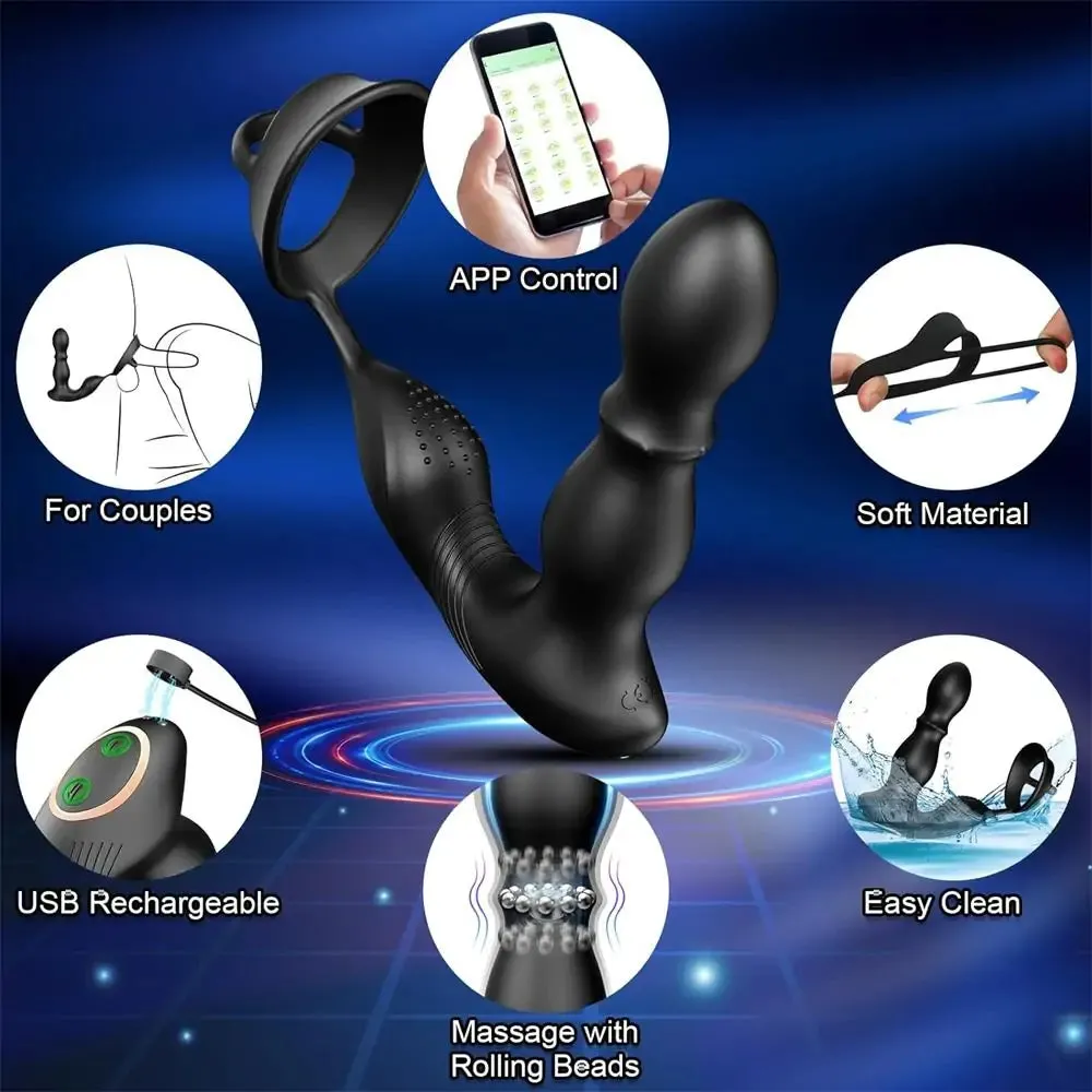 Vibrating & Rolling Anal Plug Vibrator with Cock Ring 4.2 Inch